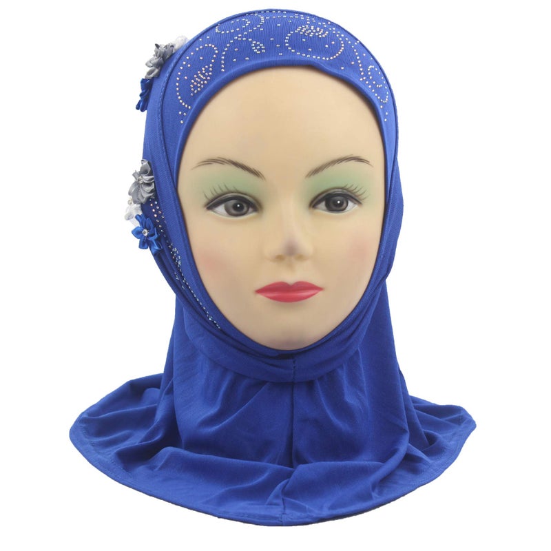 Modest Beauty girls Muslim Islamic Scarf Hijab Handmade flower lovely Rhinestone Headscarf for Kids Blue - Image 4